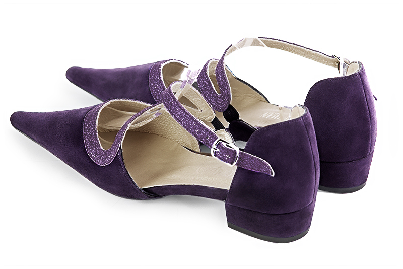 Amethyst purple women's open side shoes, with snake-shaped straps. Pointed toe. Low block heels. Rear view - Florence KOOIJMAN
